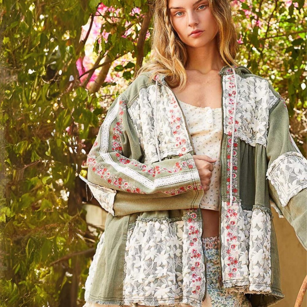 NEW! POL Hoodie Jacket Top with Floral Patchwork in Olive NWT
